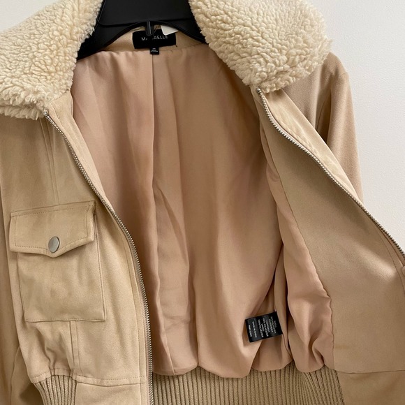 REVOLVE Majorelle Cropped Sherpa Collar Suede Bomber Jacket Sand Beige Size XXS - Picture 5 of 12